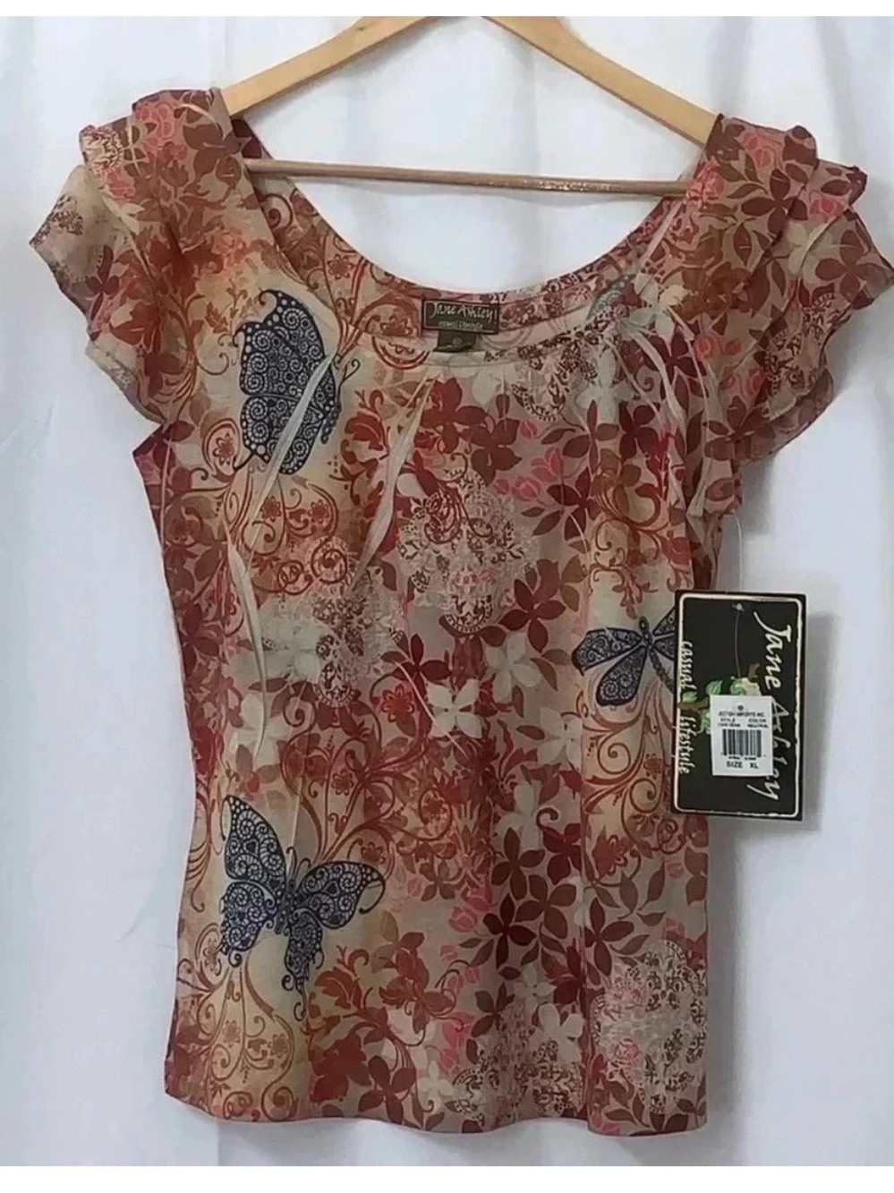 Jane Ashley Casual Lifestyle Neutral Floral Butterfly Flutter Sleeve Top XL NWT